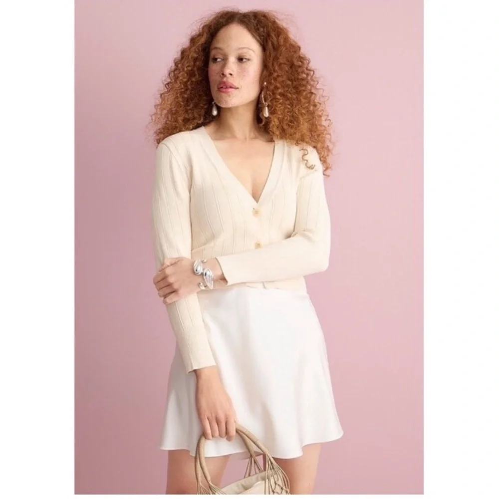 NWT J. Crew Supersculpt V-Neck Ribbed Cardigan Button-Up Sweater Cream Small